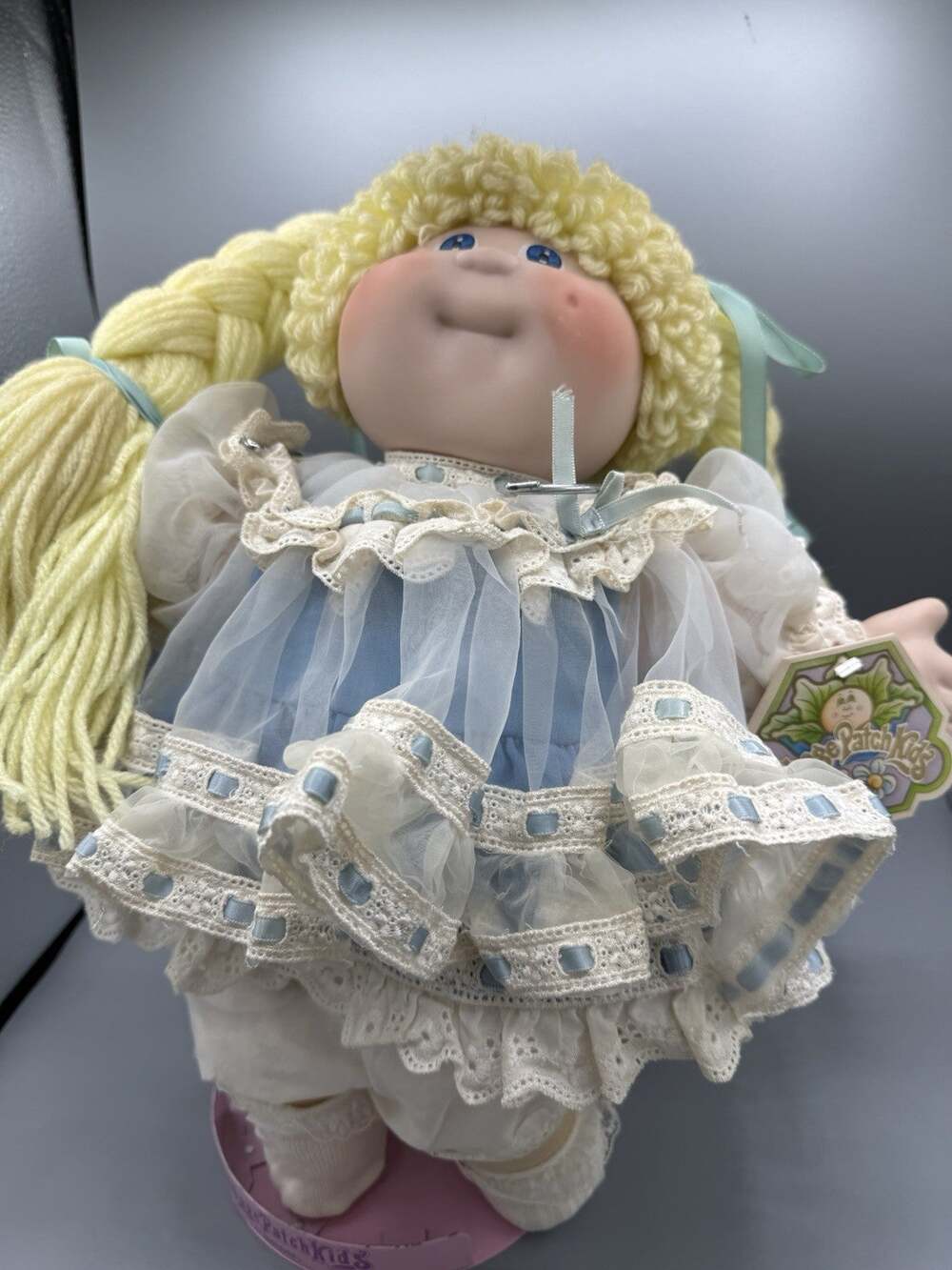 Vintage 1984 Applause Cabbage Patch Kids Doll Blonde Pigtails Blue Lace Dress